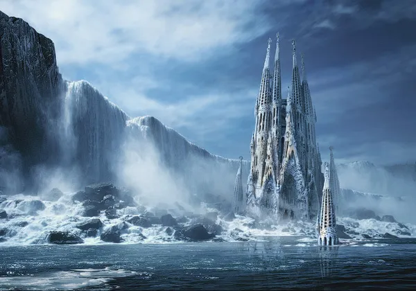 Temple Waterfall Web 3D Wallpaper